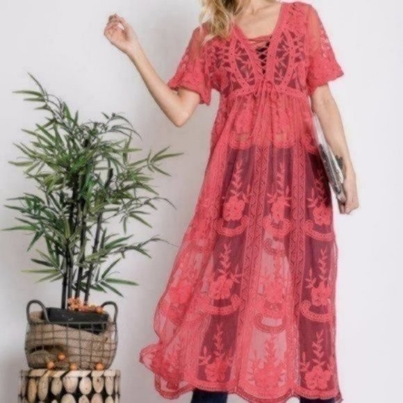 Bohemian Eyelet Sheer Cover Up Lace Maxi Dress Women's Size Large - Picture 1 of 7